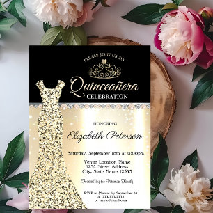 Elegant Gold Dress,Diamonds Pearls Quinceañera Invitation