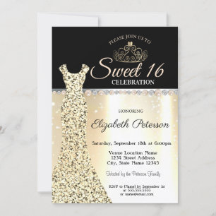 Elegant Gold Dress,Diamonds Pearls Sweet 16 Invitation
