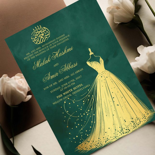 Elegant Gold Dress Green Islamic Muslim wedding Invitation (Creator Uploaded)
