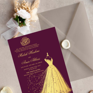 Elegant Gold Dress Plum Islamic Muslim wedding Invitation