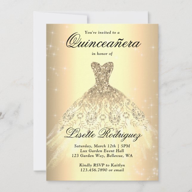 Elegant Gold Dress Quinceanera Invitation (Front)