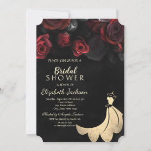 Elegant Gold Dress Red Roses Black Bridal Shower  Invitation