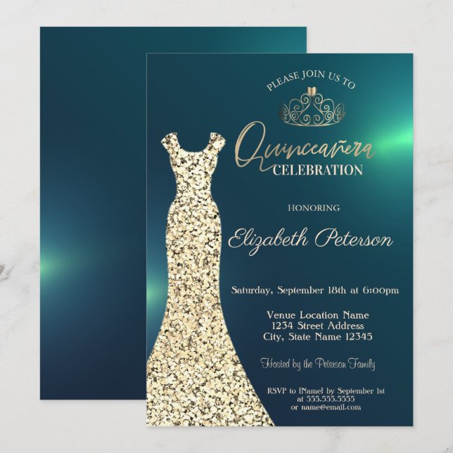 Elegant Gold Dress, Tiara Green Quinceañera Invitation (Front/Back)