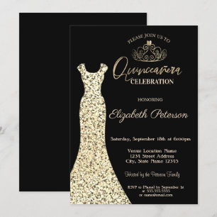 Elegant Gold Dress, Tiara Quinceañera Invitation
