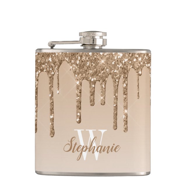 Elegant Gold Dripping Faux Glitter Monogram Hip Flask (Front)