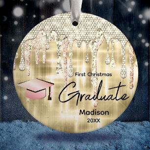 Elegant gold dripping glitter graduate ceramic ornament