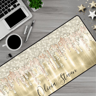 Elegant gold dripping glitter monogram desk mat