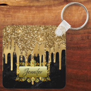 Elegant Gold Dripping Personalised Script gift Key Ring