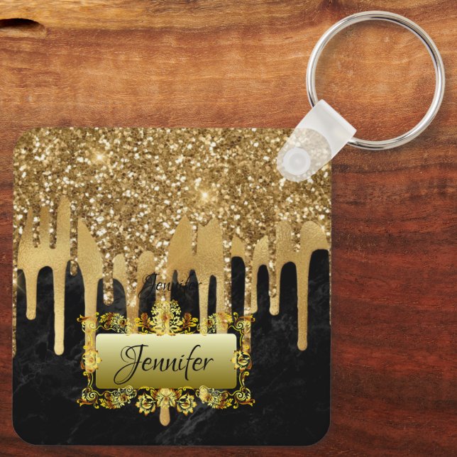 Elegant Gold Dripping Personalised Script gift  Key Ring (Back)