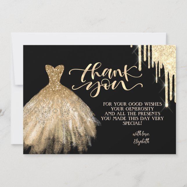 Elegant Gold Drips Chic Dress Black Thank You Card (Front)