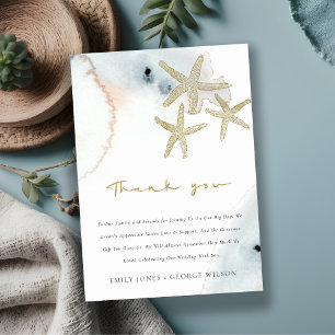 ELEGANT GOLD DUSKY BLUE BEACHY STARFISH WEDDING THANK YOU CARD