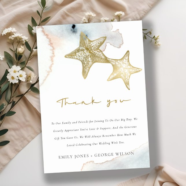 ELEGANT GOLD DUSKY BLUE BEACHY STARFISH WEDDING THANK YOU CARD (Creator Uploaded)