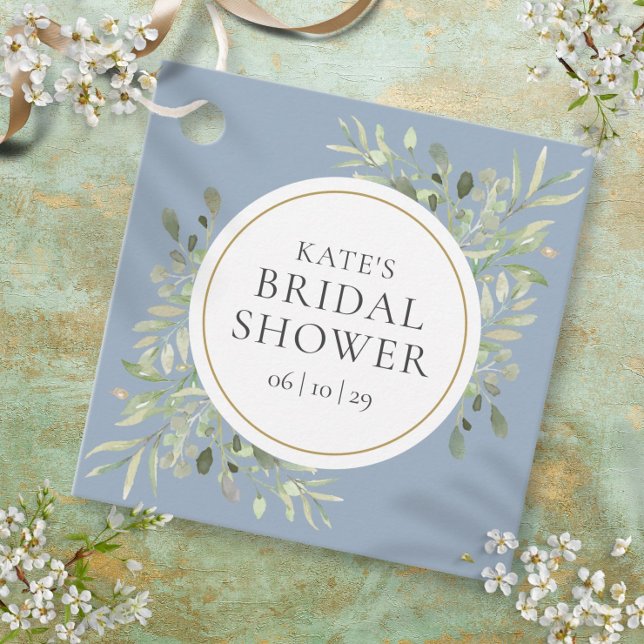 Elegant Gold Dusty Blue Greenery Bridal Shower Favour Tags