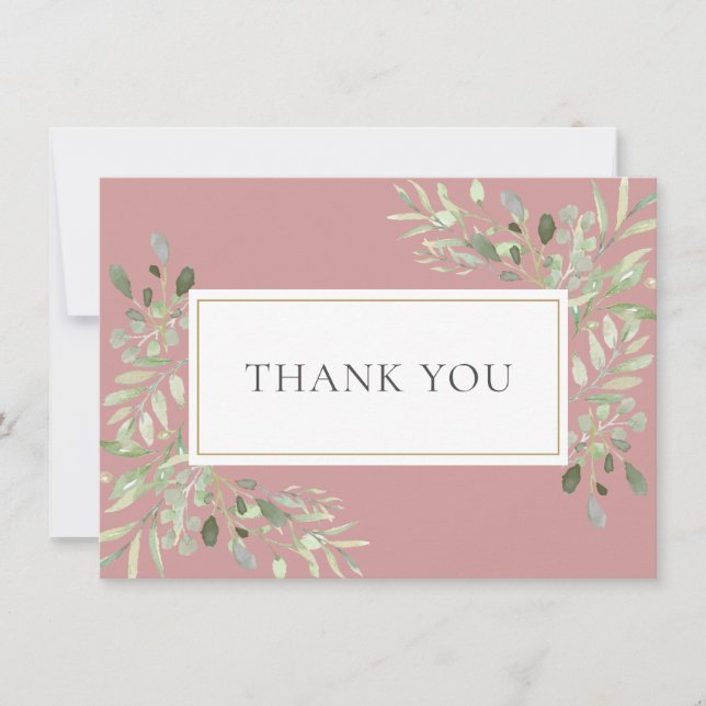 Elegant Gold Dusty Rose Greenery Foliage Thank You Card (Front)