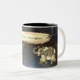 Elegant Gold Elephant,Brush Stroke,Leather Look    Two-Tone Coffee Mug