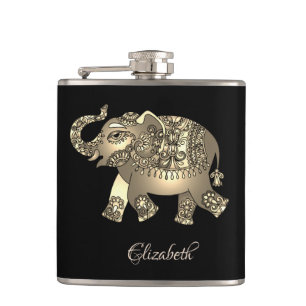 Elegant Gold Elephant Floral, Black- Personalised Hip Flask