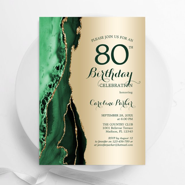 Elegant Gold Emerald Green Agate 80th Birthday Invitation (Creator Uploaded)