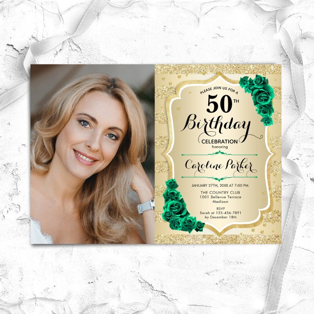 Elegant Gold Emerald Green Photo 50th Birthday Invitation (Creator Uploaded)