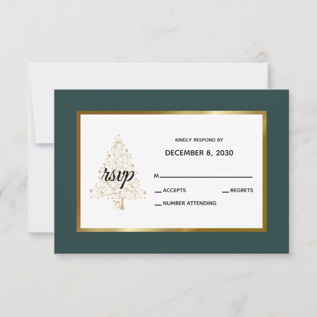 Elegant Gold Emerald Winter Holiday Wedding RSVP Card (Front)