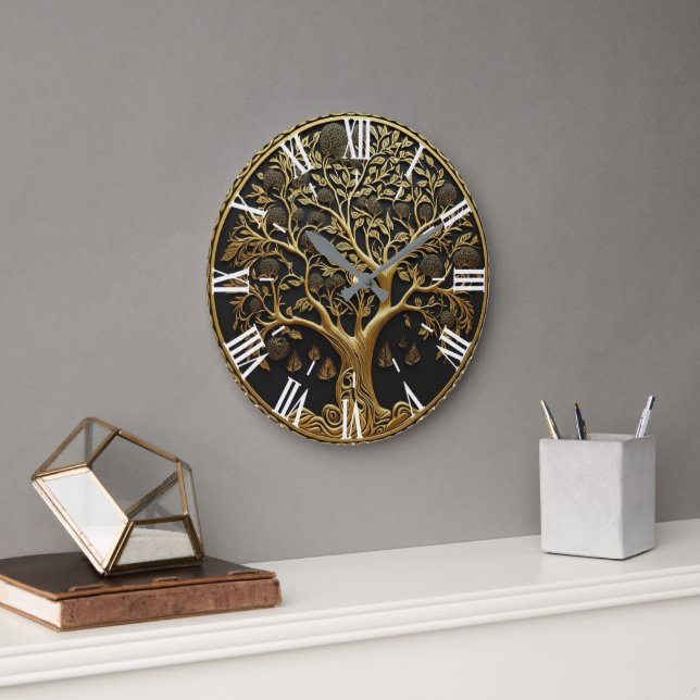 Elegant Gold Engraved Tree  Large Clock (Office)