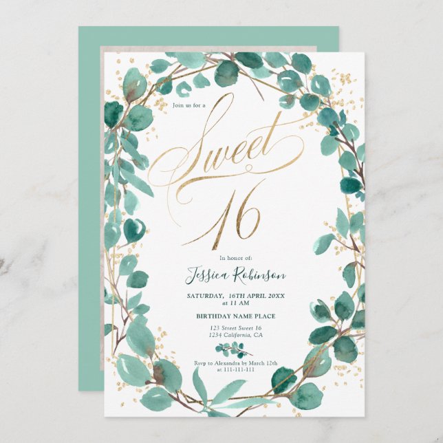 Elegant gold eucalyptus leaf photo script sweet 16 invitation (Front/Back)