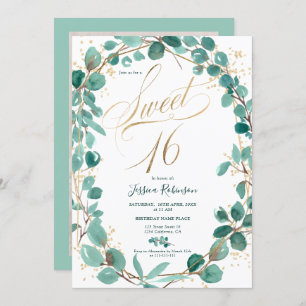 Elegant gold eucalyptus leaf photo script sweet 16 invitation