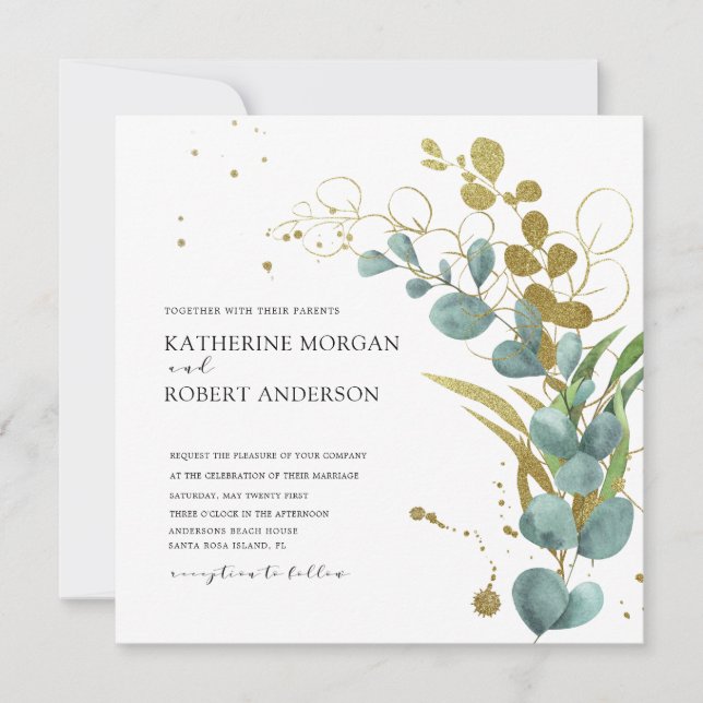 elegant gold eucalyptus leaves Wedding Invitation (Front)