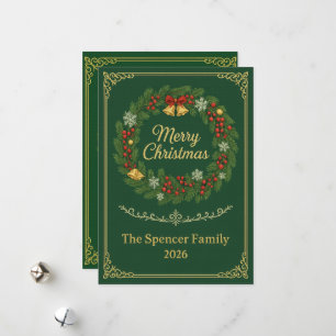 Elegant Gold & Evergreen Wreath Family Christmas Holiday Card