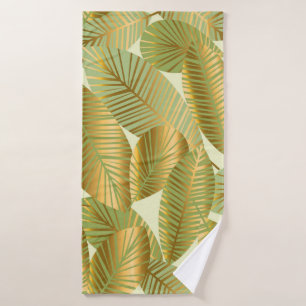 elegant gold exotic leaves seamless pattern on blu bath towel