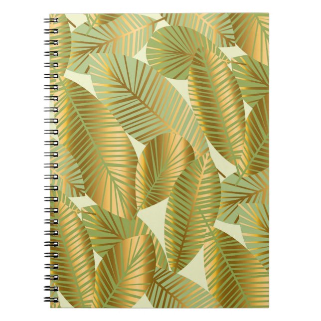 elegant gold exotic leaves seamless pattern on blu notebook (Front)