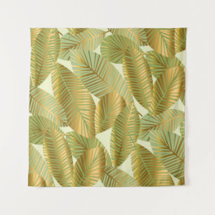 elegant gold exotic leaves seamless pattern on blu tapestry