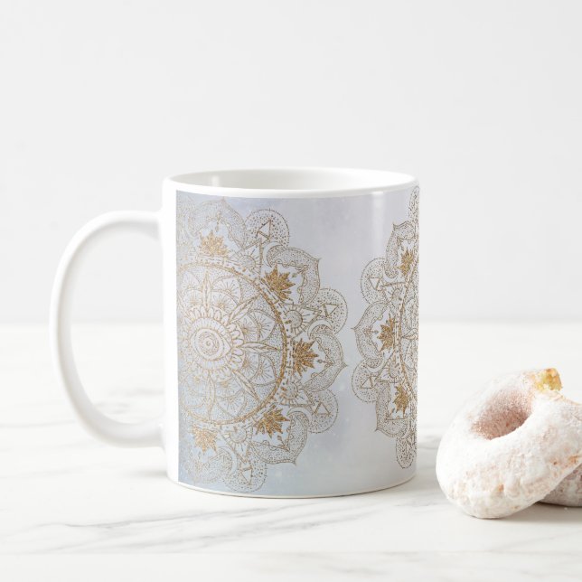 Elegant Gold Eye Sun Moon Mandala Design Coffee Mug (With Donut)