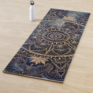 Elegant Gold Eye Sun Moon Mandala Navy-Blue Design Yoga Mat