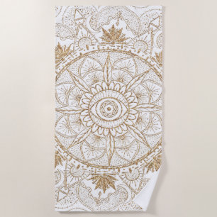 Elegant Gold Eye Sun Moon Mandala White Beach Towel