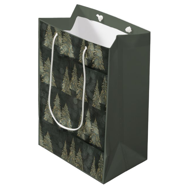 Elegant Gold Fairylight Pine Trees Christmas Medium Gift Bag (Front Angled)