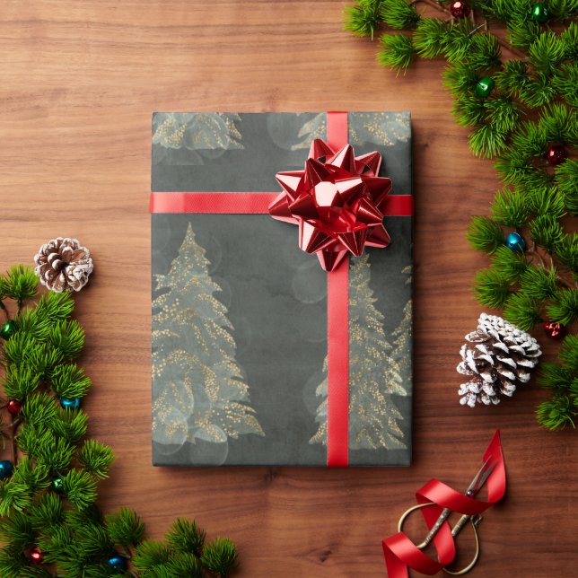 Elegant Gold Fairylight Pine Trees Christmas Wrapping Paper (Holiday Gift)