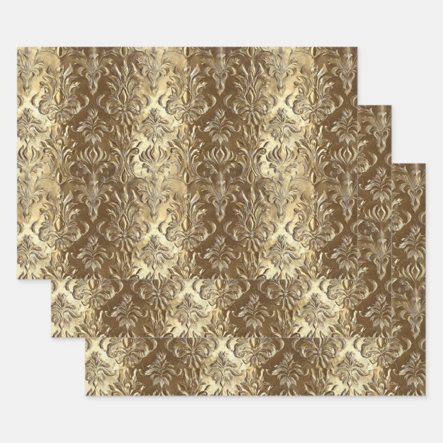 Elegant Gold Faux Brocade Gift  Wrapping Paper Sheet (Set)