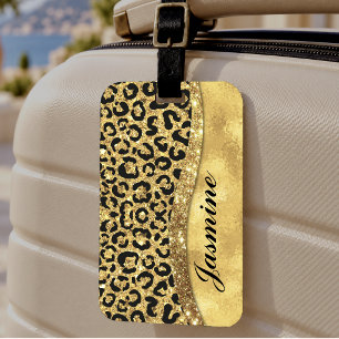 Elegant gold faux glitter animal print Monogram Luggage Tag