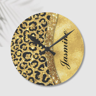 Elegant gold faux glitter animal print Monogram Round Clock