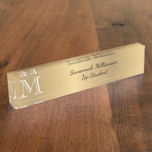Elegant Gold Faux Metal Monogram Student Nameplate (Side)