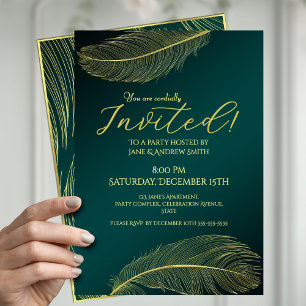 Elegant Gold Feather Green Invitation Card For Spe