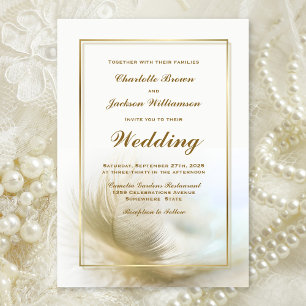 Elegant Gold Feather Wedding Invitation
