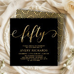 Elegant Gold Fifty Script Black 50th Birthday Invitation<br><div class="desc">Elegant Chic Black and Gold Fifty Script 50th Birthday Invitation. This modern birthday party invitation template features stylish „fifty” text in huge faux gold foil swirly handwritten calligraphy (or typography) script with swash tails, party details in gold colour on black background. At the reverse side faux gold foil swirling wave...</div>