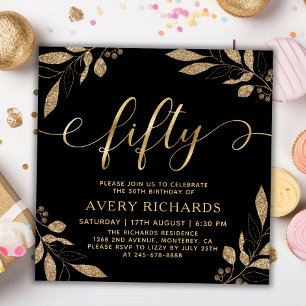 Elegant Gold Fifty Script Black 50th Birthday Invitation