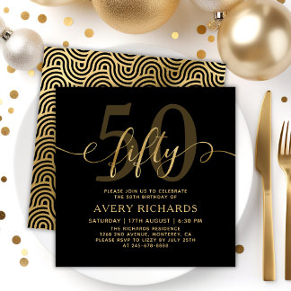 Elegant Gold Fifty Script Black 50th Birthday Invitation
