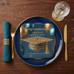 Elegant Gold Filigree Cap Teal Balloon Graduation Paper Plate