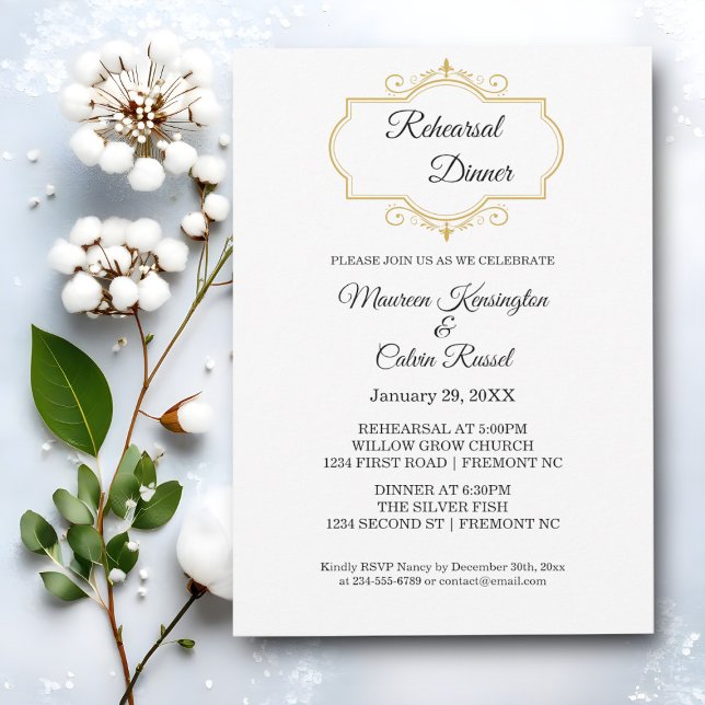Elegant Gold Filigree on White, Rehearsal Dinner Invitation (Creator Uploaded)
