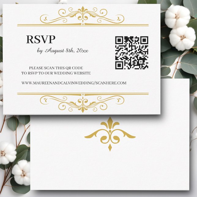Elegant Gold Filigree on White, RSVP QR Code (Creator Uploaded)