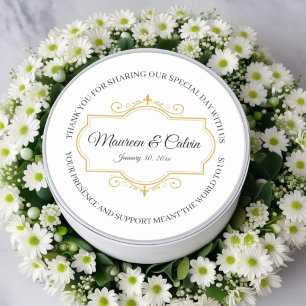 Elegant Gold Filigree on White, Wedding Classic Round Sticker