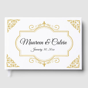Elegant Gold Filigree on White, Wedding Guest Book